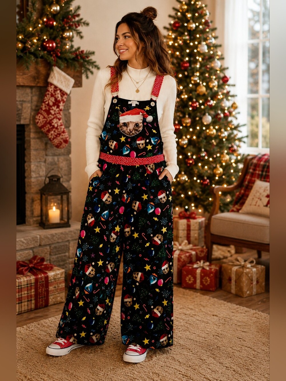 Celebrate Together Christmas Cat Velour Black Overalls Wide Leg Size Small